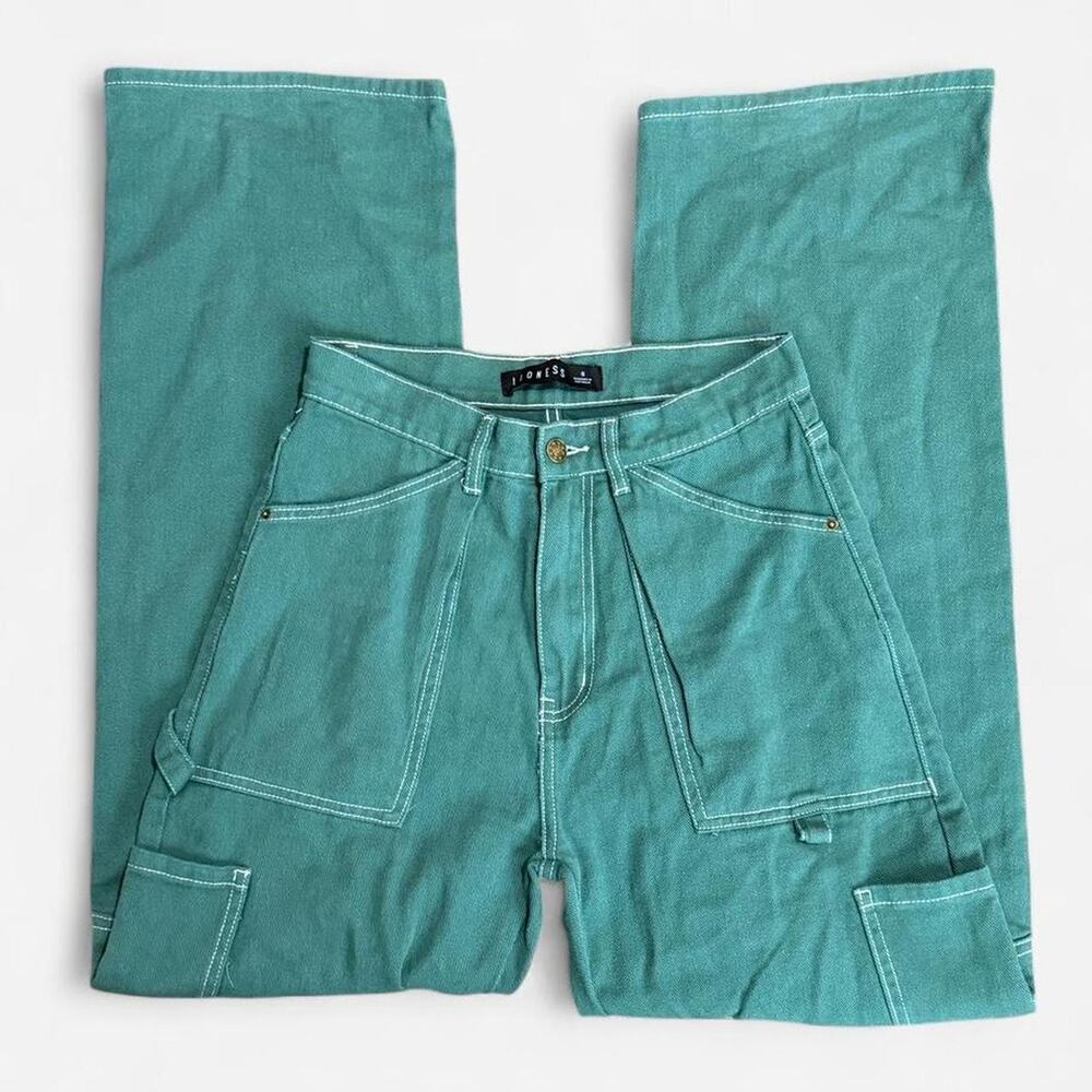 Lioness Green & White Threaded High-Waisted Corduroy Wide Leg Cargo Pants S